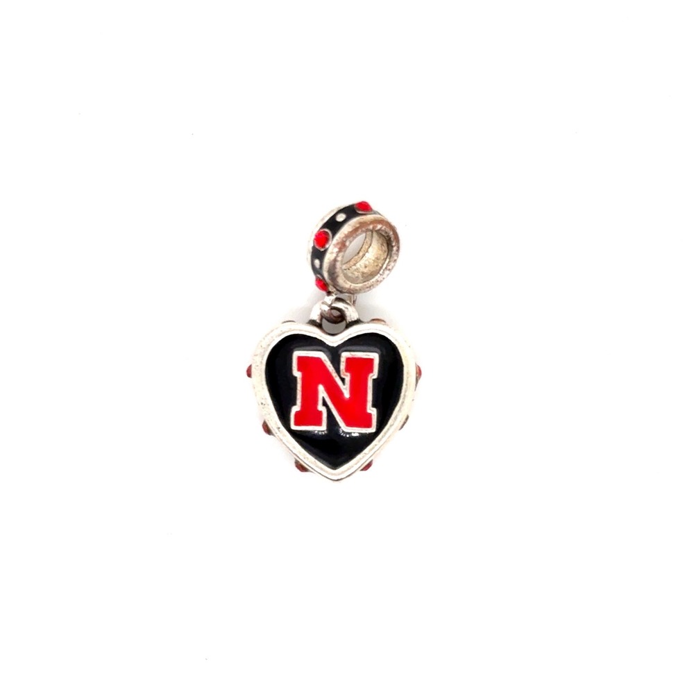 Nebraska Huskers Heart Dangle Charm Red N Logo Rhinestone Silver Tone